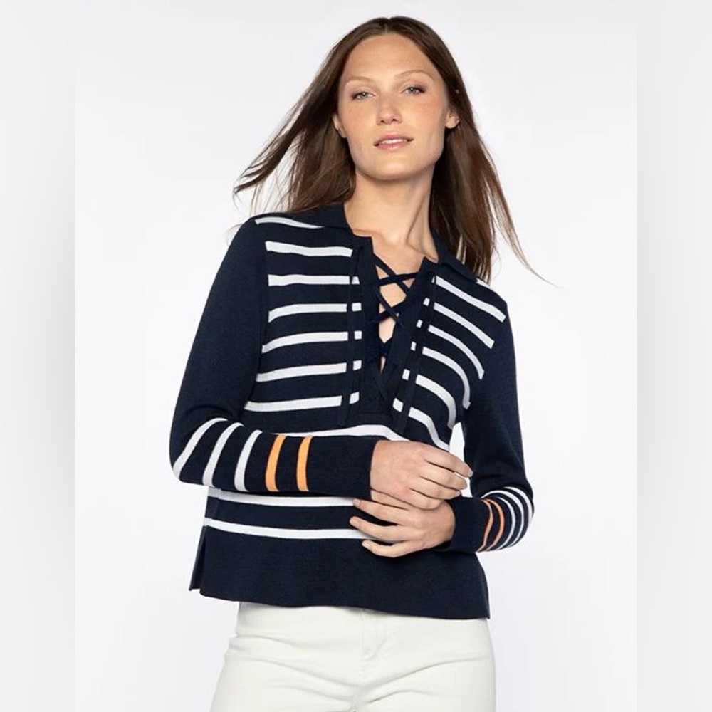 NWT Kinross lace up Navy and White striped V-Neck Sweater with Orange Stripes